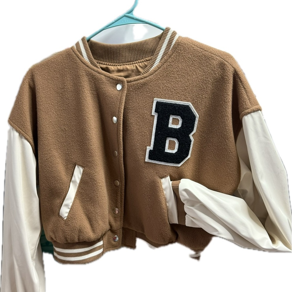 Love Tree Tan and White Letterman Jacket